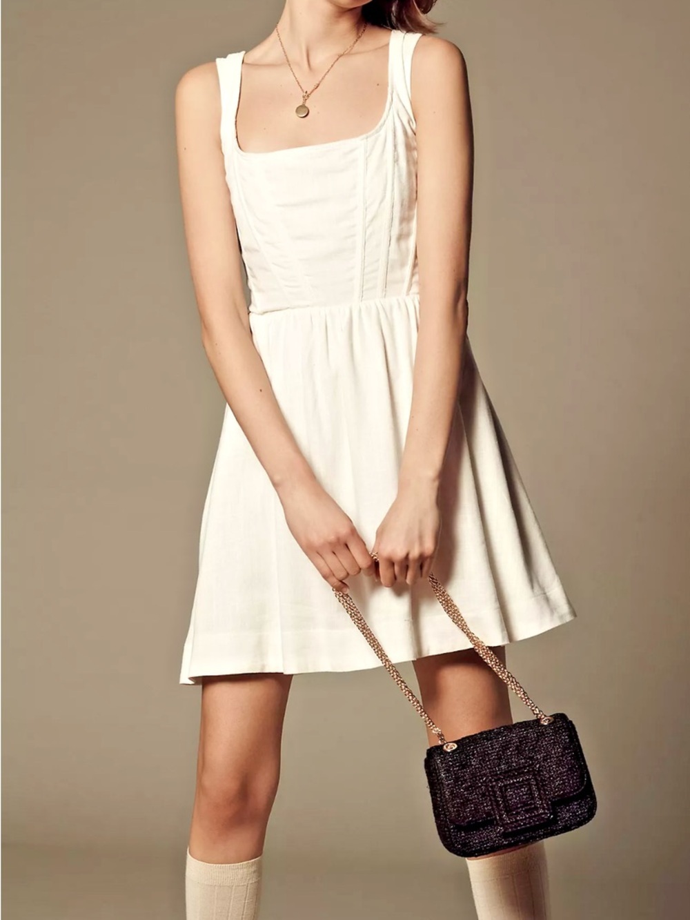 AURETA Studio Anthropologie Fit and Flared Smocked Bodice White Linen Sundress